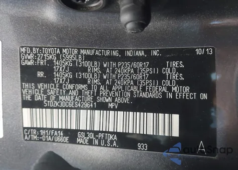 2014 Toyota Sienna L V6 7 Passenger z USA, uszkodzony, nr VIN 5TDZK3DC6ES429641